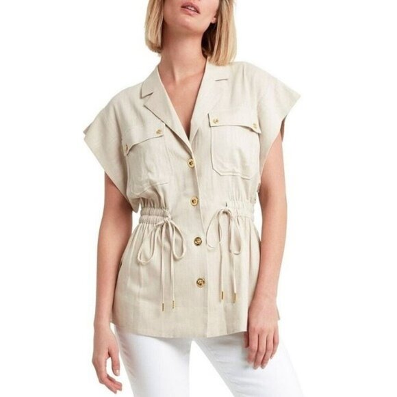 H Halston Linen Blend cap sleeve Utility Tunic Jacket in stone size XXL neutral - Picture 1 of 14
